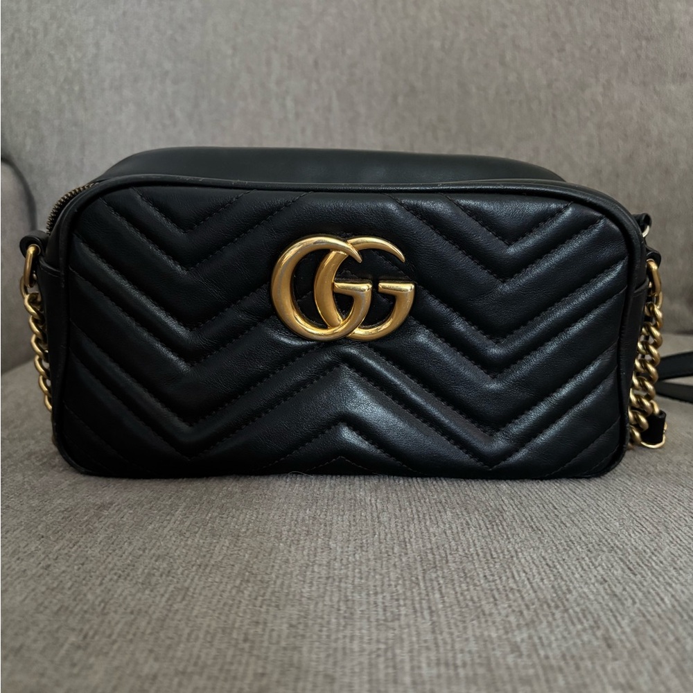 Gucci Black Quilted Crossbody Bag with Gold GG Logo